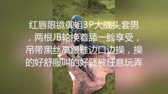 红唇眼镜御姐3P大战头套男，两根JB轮换着舔一脸享受，吊带黑丝高跟鞋边口边操，操的好舒服叫的好骚被任意玩弄